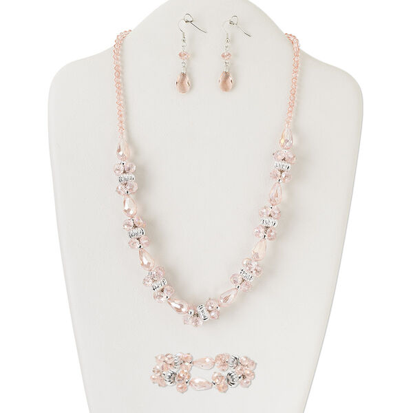 Necklace, bracelet and earring set, silver-finished "pewter" (zinc-based alloy) / brass / steel / silver-colored plastic / glass, pink with AB finish, rosebud and 12x8mm faceted rondelle, 22 inches with tab clasp, 7-1/2 inch stretch bracelet, 1-3/8 inch earrings with fishhook ear wire. Sold per set. image number 0