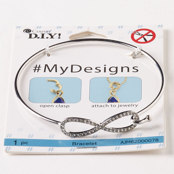 Bracelet, bangle, steel and glass, pkg/1, silver finish and clear, 8 inches with 10mm infinity symbol and hook clasp. image number 0