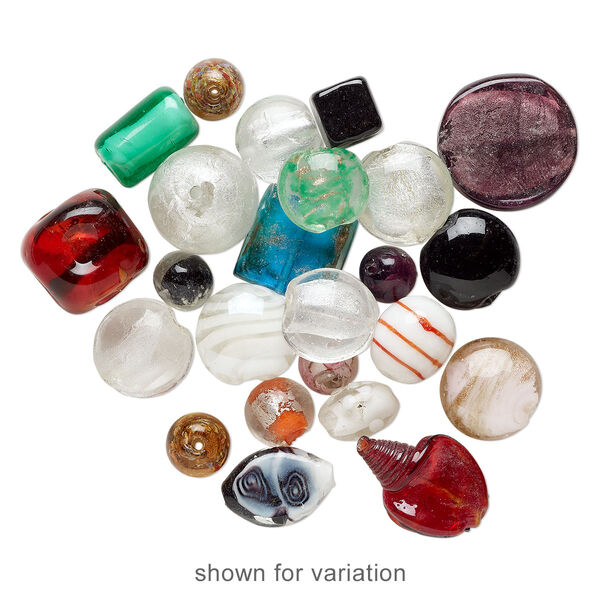 Bead mix, lampworked glass, mixed colors, 7x5mm-29x20mm mixed shape. Sold per 1/4 pound pkg, approximately 15-25 beads. image number 1