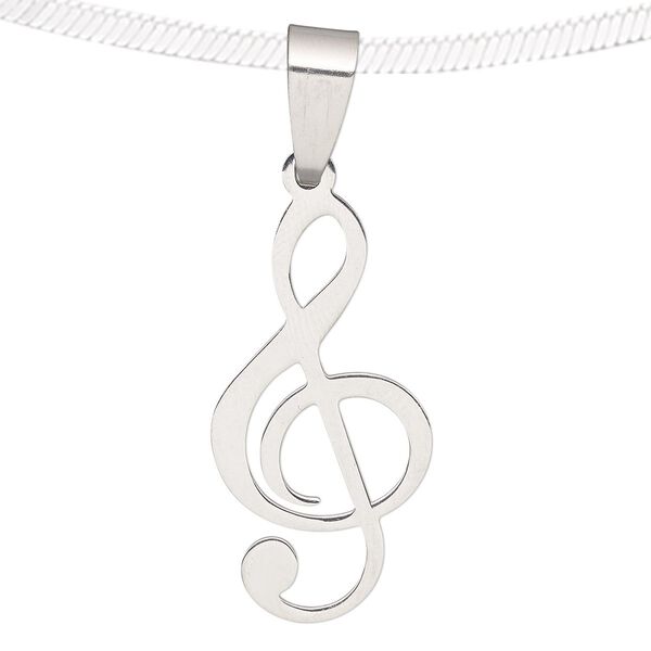 Pendant, stainless steel, 27x14mm matte and shiny treble clef. Sold individually. image number 0