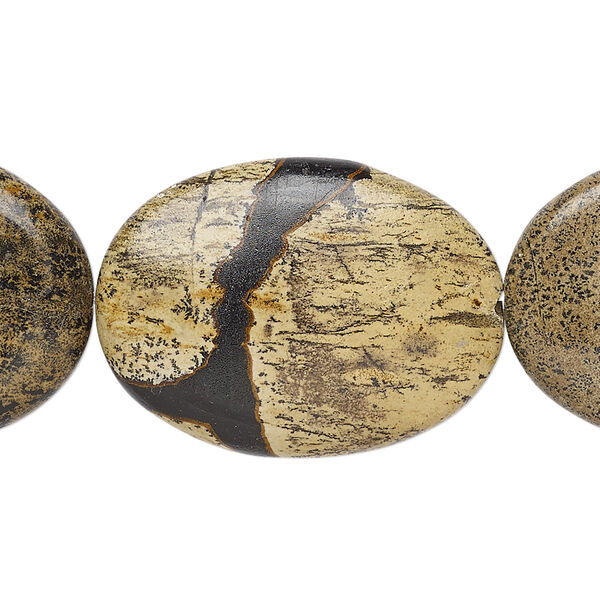 Bead, landscape stone (natural), 30x22mm flat oval, B grade, Mohs hardness 3-1/2 to 4. Sold per 15-1/2" to 16" strand. image number 0