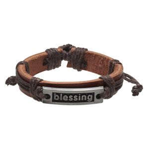 Bracelet, leather (dyed) / waxed cotton cord / antiqued "pewter" (zinc-based alloy), brown, 12mm wide with 36x10mm rectangle with "blessing," adjustable from 6 to 8-1/2 inches with knot closure. Sold per pkg of 2.