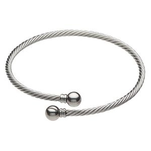 Bracelet, bangle, stainless steel, 3.5mm twisted cable, 8 inches with 8mm twist-off ball ends. Sold individually.