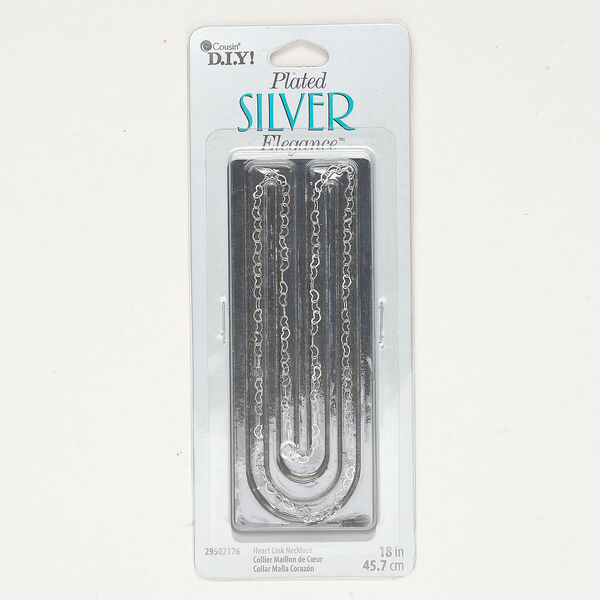 Chain 1pkg1, silver-plated brass, 3mm heart cable, 18 inches with springring clasp. image number 0