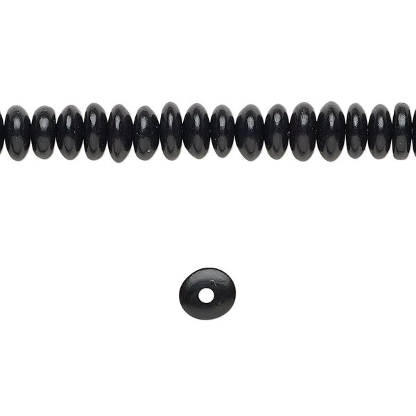 Bead, horn (dyed / waxed), black, 6x3mm hand-cut saucer. Sold per 15-1/2" to 16" strand. image number 0