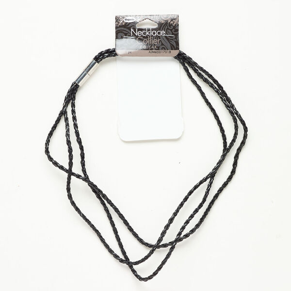Necklace 1pkg1, 3-strand, faux leather / silver-finished "pewter" (zinc-based alloy), black, 8mm braided, 15-1/2 to 16 inches. image number 0