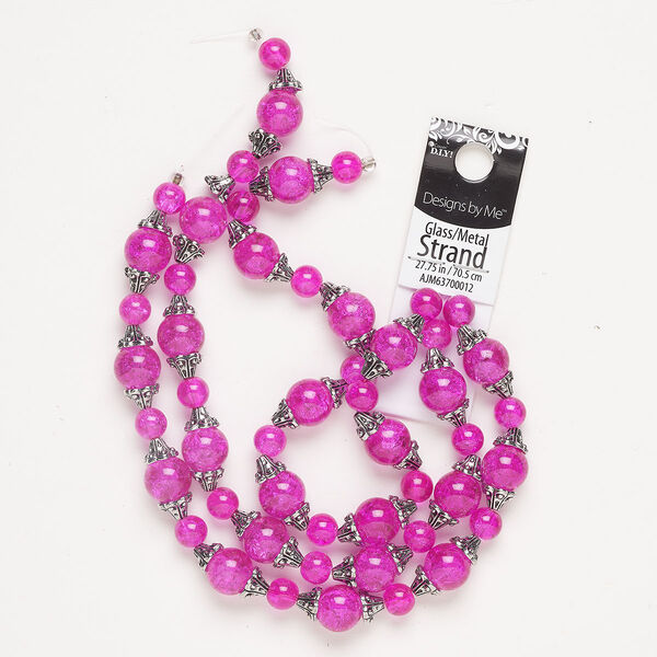 "Pewter" (zinc-based alloy) / crackle glass 1pkg1, round bead / flower bead cap 27-1/2 inch antique silver-finished / pink 8mm / 12mm / 8.5mm image number 0