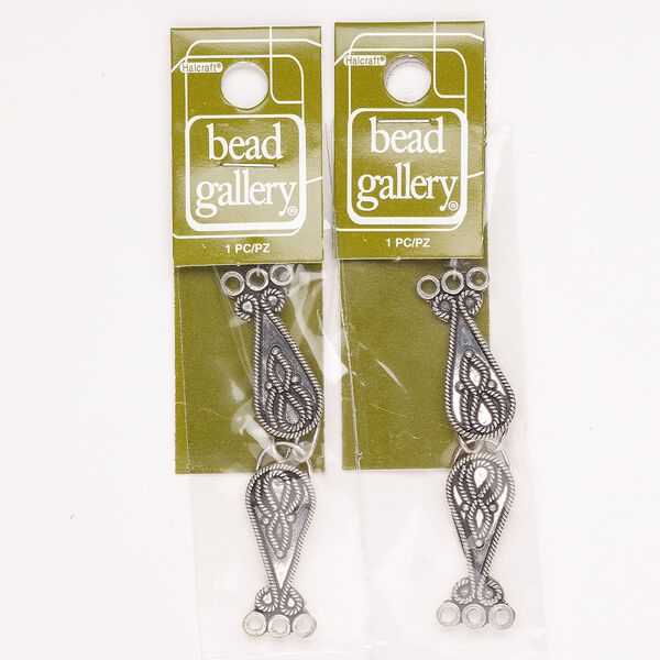 Clasp hook&eye 1pkg2 "pewter" (zinc alloy), 52x12mm teardrop, antique silver-finished 3-strand image number 0