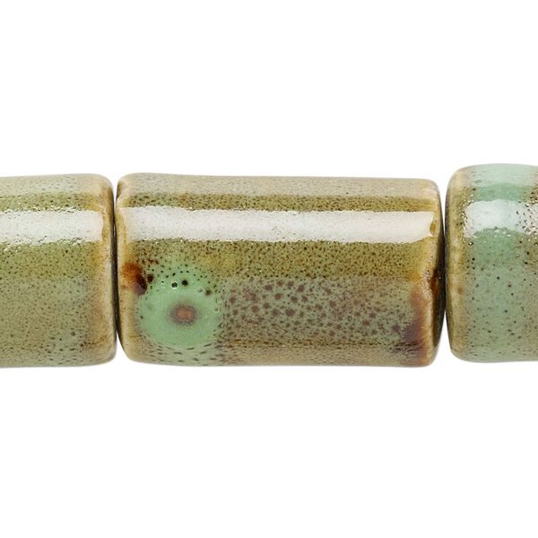 Bead, porcelain, honey and pale green, 26x15mm-27x16mm round tube. Sold per 8-inch strand. image number 0