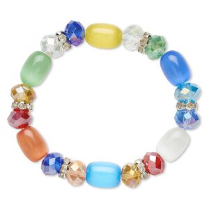 Bracelet, stretch, glass / cat's eye glass / glass rhinestone / imitation rhodium-plated steel, multicolored, 10mm wide, 6 inches. Sold individually.
