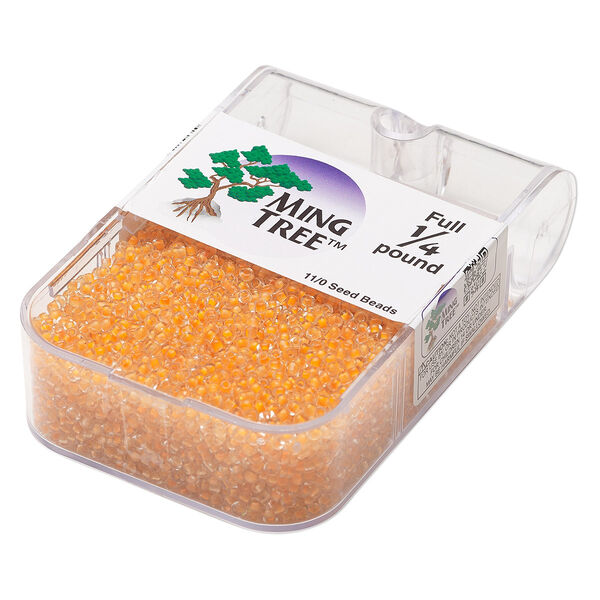 Seed bead, Ming Tree™, glass, pkg/1/4 pound, #11 round, transparent color-lined orange. image number 0