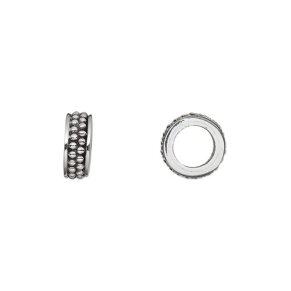 Bead, sterling silver, 10x4mm fancy beaded rondelle with large hole. Sold per pkg of 2. image number 0