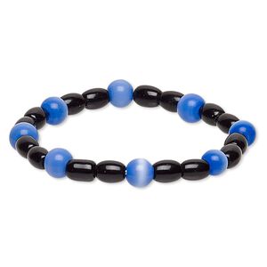 Bracelet, stretch, glass and cat's eye glass, opaque cobalt and black, 7-8mm round and 7x5mm-8x6mm barrel, 6 inches. Sold individually.