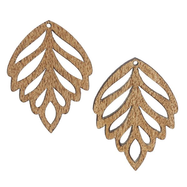 Focal, mango wood (coated), 50x37mm double-sided laser-cut leaf with cutouts. Sold per pkg of 2. image number 0