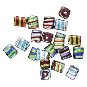 Bead mix, glass, mixed colors and patterns with silver-colored foil, 13x10mm rectangle. Sold per pkg of 100-grams, approximately 35 beads.