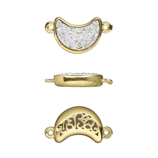 Link, Druzylite™, "druzy" (resin) and gold-finished brass, silver, 14x10mm two-sided moon with open filigree back. Sold per pkg of 4. image number 0