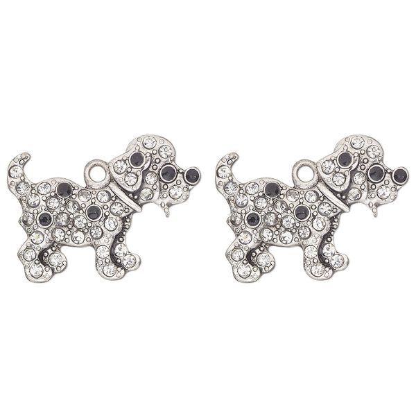 Charm, antique silver-finished "pewter" (zinc-based alloy) and glass, clear and black, 29x15mm single-sided dalmatian. Sold per pkg of 2. image number 0