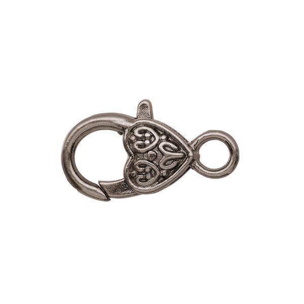Clasp, lobster claw, gunmetal-plated "pewter" (zinc-based alloy), 19.5x12.5mm with double-sided fancy heart design. Sold per pkg of 8. image number 0