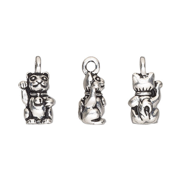 Charm, TierraCast®, "Happy Go Lucky" collection, antique silver-plated pewter (tin-based alloy), 13x8mm 3D beckoning cat. Sold per pkg of 20. image number 0