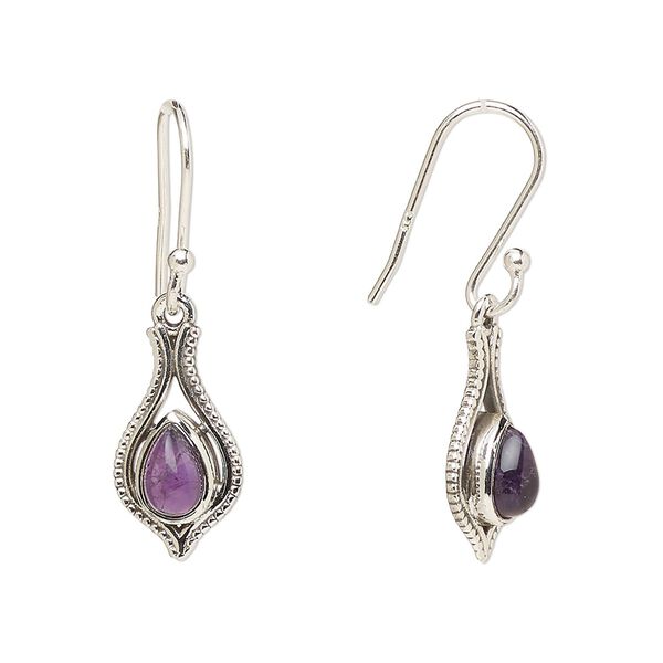 Earring, Create Compliments®, antiqued sterling silver and amethyst (natural), fishhook, 29.5mm with 15x9mm single-sided open beaded teardrop, 21 gauge. Sold per pair. image number 0