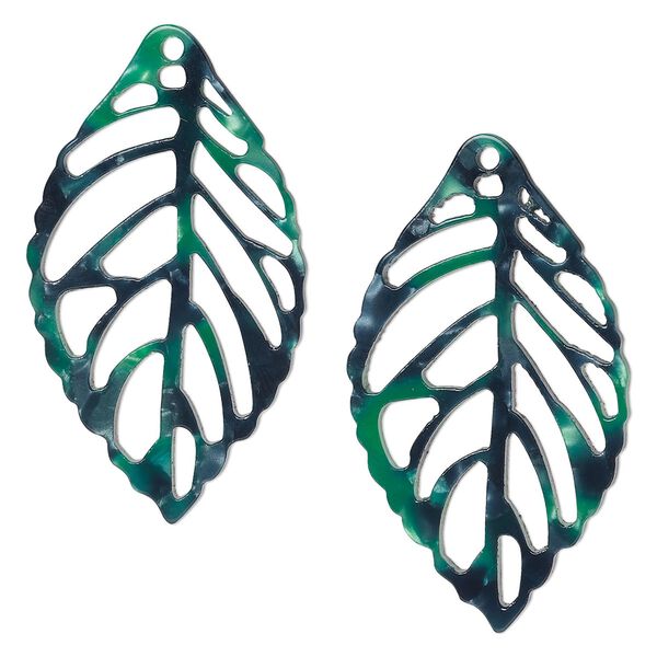 Focal, resin, green and dark green, 39x22mm leaf with cutouts. Sold per pkg of 4. image number 0