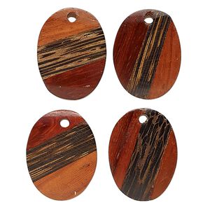 Drop, mango wood (dyed/assembled), brown / tan / red, 26x20mm-24x18mm top-drilled single-sided flat oval. Sold per pkg of 4.