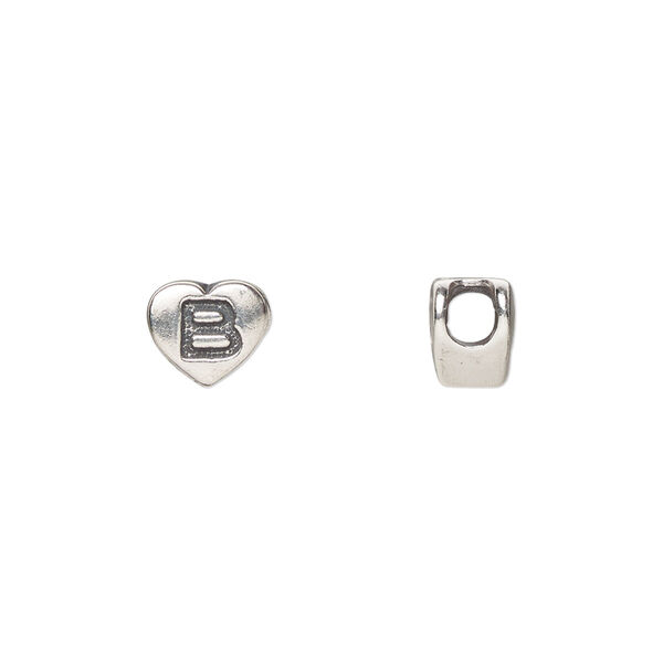 Bead, sterling silver, 7.5x7mm heart with alphabet letter "B." Sold individually. image number 0