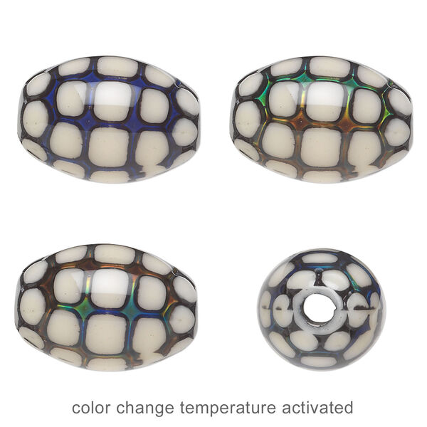 Bead, acrylic, cream and multicolored, 19x13mm color-changing barrel with turtle shell pattern. Sold per pkg of 4. image number 1
