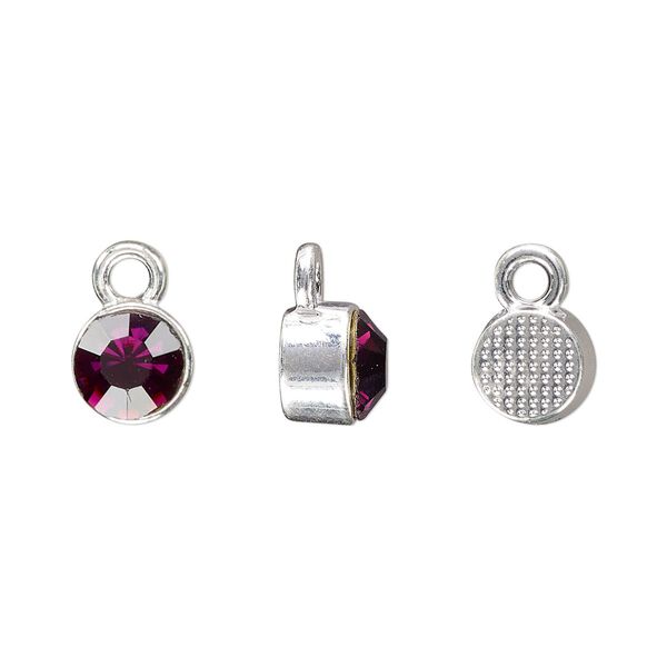 Drop, silver-finished "pewter" (zinc-based alloy) and glass rhinestone, amethyst purple, 8mm faceted round, February birthstone. Sold per pkg of 4. image number 0