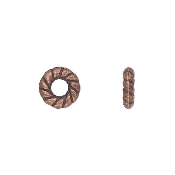 Component, antique copper-plated "pewter" (zinc-based alloy), 10mm double-sided round donut with twisted rope design. Sold per pkg of 50. image number 0