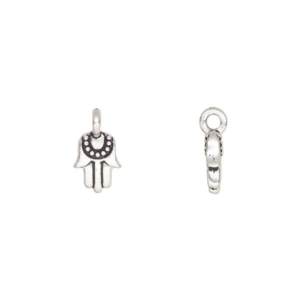 Charm, TierraCast®, "Worlds Away" collection, antique silver-plated pewter (tin-based alloy), 9x7mm double-sided mini Hamsa. Sold per pkg of 4. image number 0