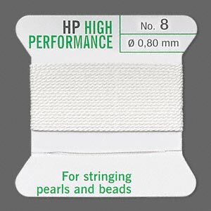 Thread, Griffin, synthetic multi-fiber, white, size #8. Sold per 2-meter card (approximately 78 inches).