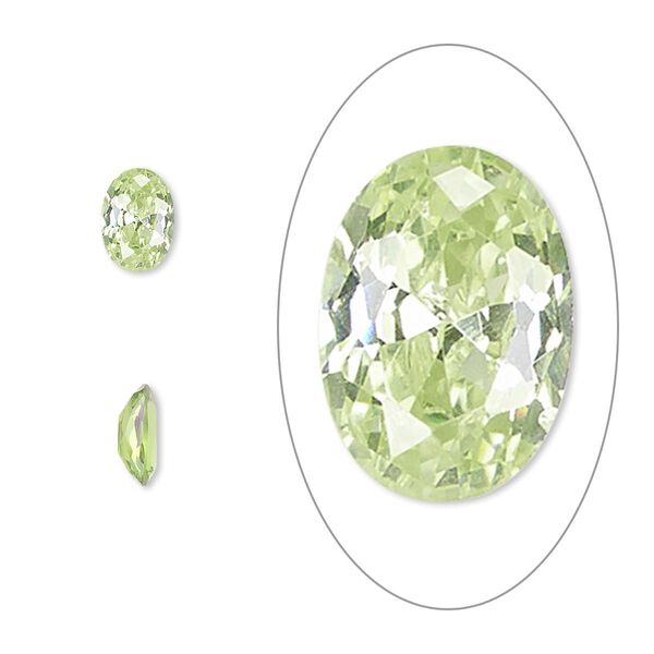 Gem, cubic zirconia, peridot green, 7x5mm faceted oval, Mohs hardness 8-1/2. Sold per pkg of 2. image number 0