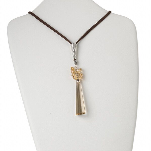 Necklace, glass / silver-finished (tin-based alloy) / faux suede, light topaz and brown, 63x17mm faceted drop, 36 inches. Sold individually. image number 0
