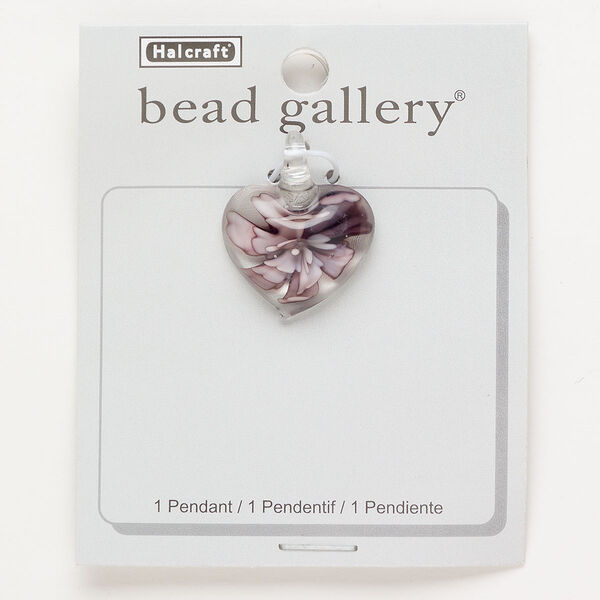 Focal lampworked glass 1pkg1 30mm puffed heart flower, opaque / transparent purple / clear image number 0