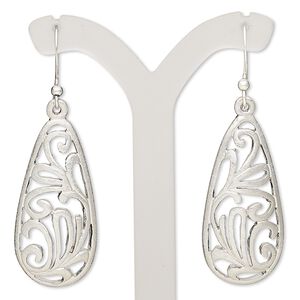 Earring, imitation rhodium-plated brass and "pewter" (zinc-based alloy), 2 inches with brushed teardrop and flower cutout design with fishhook ear wire. Sold per pair.