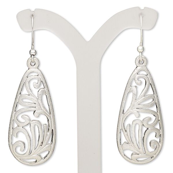 Earring, imitation rhodium-plated brass and "pewter" (zinc-based alloy), 2 inches with brushed teardrop and flower cutout design with fishhook ear wire. Sold per pair. image number 0