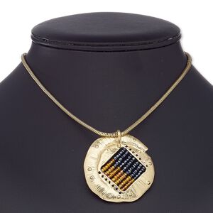 Necklace, glass / gold-coated plastic / gold-finished brass / steel / "pewter" (zinc-based alloy), orange AB and black, 46mm round, 16 inches with 2-inch extender chain and lobster claw clasp. Sold individually.