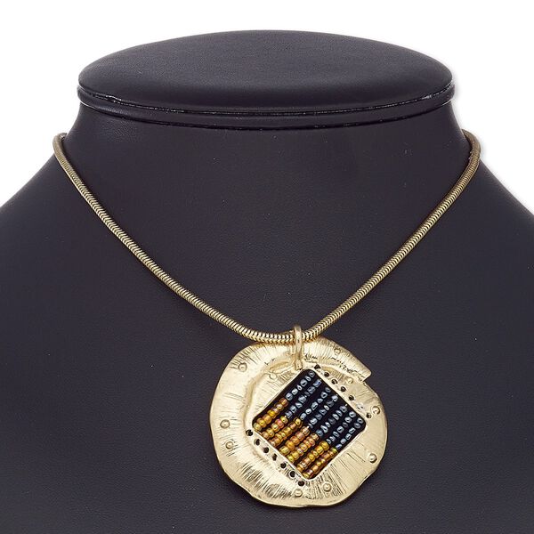 Necklace, glass / gold-coated plastic / gold-finished brass / steel / "pewter" (zinc-based alloy), orange AB and black, 46mm round, 16 inches with 2-inch extender chain and lobster claw clasp. Sold individually. image number 0