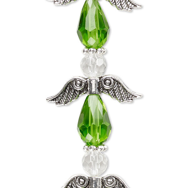 Bead, crystal and antique silver-plated "pewter" (zinc-based alloy), transparent lime green and clear, 23mm angel. Sold per pkg of 4. image number 0