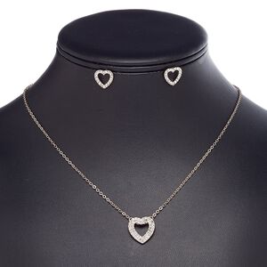Necklace and earring set, glass rhinestone / rose gold-finished steel / brass / "pewter" (zinc-based alloy), clear, 16.5x16mm open heart, 18-inch necklace with 2-inch extender chain and lobster claw clasp, 12x11mm open heart with post. Sold per set.