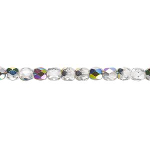 Bead, Czech fire-polished glass, clear vitrail, 4mm faceted round. Sold per 15-1/2" to 16" strand.
