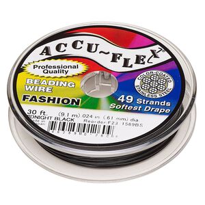 Beading wire, Accu-Flex®, nylon and stainless steel, midnight black, 49 strand, 0.024-inch diameter. Sold per 30-foot spool.