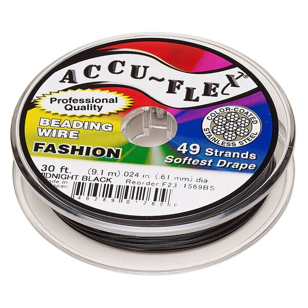 Beading wire, Accu-Flex®, nylon and stainless steel, midnight black, 49 strand, 0.024-inch diameter. Sold per 30-foot spool. image number 0