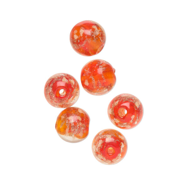 Bead, lampworked glass, clear / red / glow-in-the-dark / gold, 8mm round. Sold per pkg of 6. image number 0