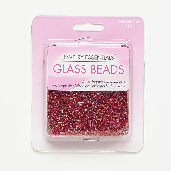 Bead mix, seed bead and bugle bead, glass, pkg/85 g, 1.2-5x2mm center-drilled mixed shapes, rainbow silver-lined mixed red and pink. image number 0