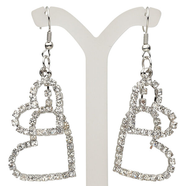 Earring, Everyday Jewelry, glass rhinestone / imitation rhodium-finished brass / steel, clear, 2-1/2 inches with 38x29mm double heart and fishhook ear wire. Sold per pair. image number 0
