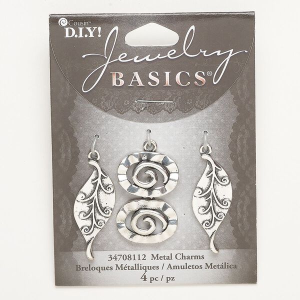 Drop assortment, brass, pkg/4, antique silver finish, 35x15mm leaf/21x16mm wavy oval. image number 0