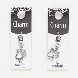 Charm, silver-finished "pewter" (zinc-based alloy) / steel / acrylic, clear, 16x14.5mm single-sided paw print with lobster claw clasp. Sold per pkg of 2.