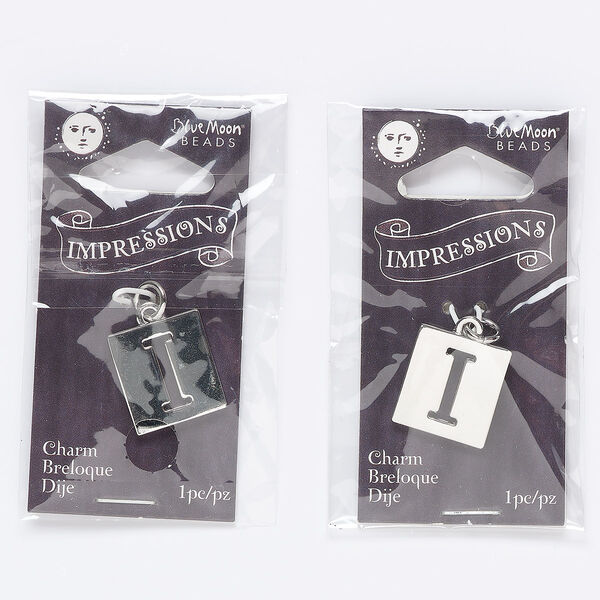 Drop, silver-finished "pewter" (zinc-based alloy) and steel, 16x15mm square with cutout "I." Sold per pkg of 2. image number 0